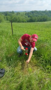 Radenz pounds a stake into the ground in a field.