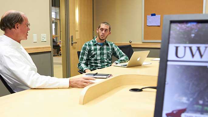 UWL senior Shaun Fleishhacker meets with Dr. Jeffrey Landercasper, of Gundersen Health System, as part of a collaborative research project. 
Read more →
