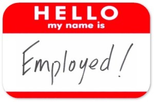 Name badge that says "Hello, my name is: Employed!"