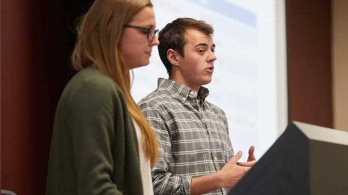 Zach Cowell and Ryleigh Prochnow present their idea on government-subsidized child care for La Crosse residents during the Tuesday, Dec. 12 presentations to city and county government leaders. A UWL Modern Political Economy course partnered with the City of La Crosse to develop plans for how to best spend one-time, $1 million economic development funding.
Read more →