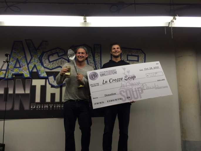 UWL students Cole Solomon (left) and Shane Adler stand with their trophy and money after being selected for funding at La Crosse SOUP. Photo contributed by La Crosse SOUP.
Read more &rarr;
