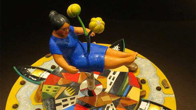 “Ina Ina Machina” – painted wood, gold leaf, copper, found muskrat cut sticks, steel, mussel shells, leather
Read more →
