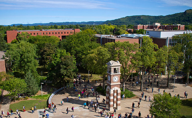 Campus mall surrounding the clock tower pictured from above.