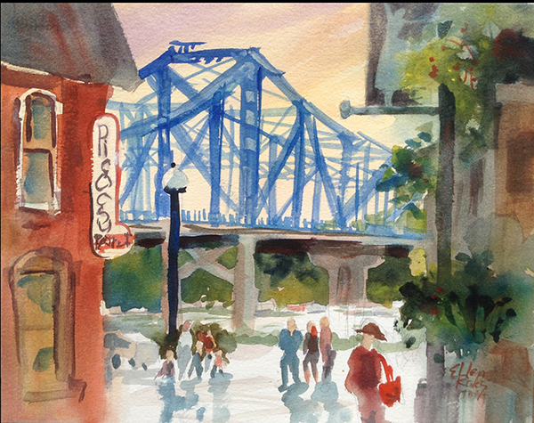 watercolor painting of a blue bridge and people walking in downtown La Crosse by Ellen Roles 