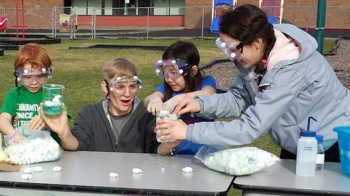 UWL students Rachel Butler and Andrew Pitney demonstrate the “magic” of chemistry with this trick. Kids from Schuh Homes Boys and Girls Club race to pack styrofoam packing peanuts into two different containers — one filled with acetone and one filled with water. The winner quickly emerges as the packing peanuts immediately dissolve in the acetone, which shows principles of solubility and organic chemistry. 
Read more →
