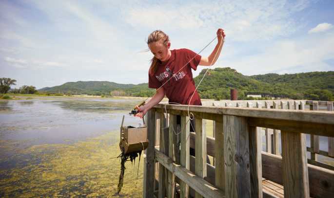 UWL graduate student Anna Hilger pulling up marsh water and sediment from La Crosse’s Myrick Marsh. The water will be mixed with crude oil for testing.
Read more &rarr;
