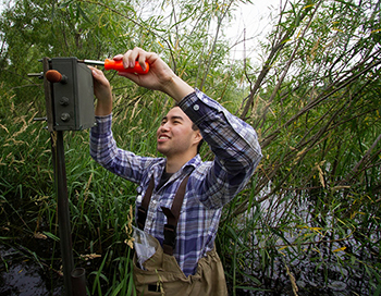 Image of student Michael Fuerte using a screw driver to open a box recording sound in the La Crosse River marsh. 