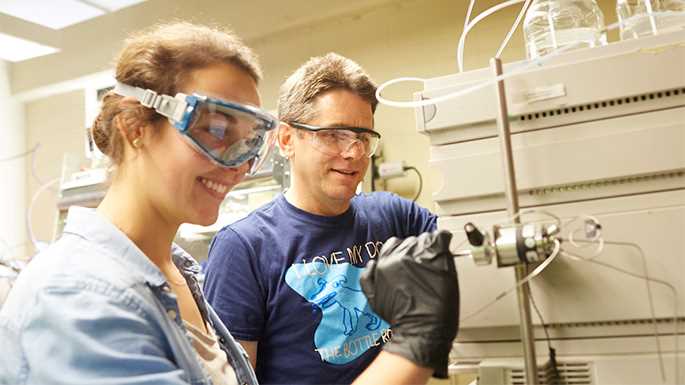 Robert McGaff, professor of Chemistry and Biochemistry, received the Innovator of the Year Award from WiSys Technology Foundation. Here he is pictured in the lab with Rachel Butler, one of his student research assistants. 
Read more →
