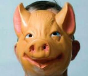 Image of man wearing pig mask.