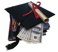 Mortarboard, diploma and money.