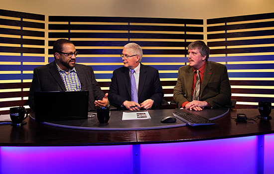 Bob Hoar, far right, math professor at the UW-L, and Jim Jorstad, middle, director of ITS/Academic Technologies, presented a live webinar at the corporate headquarters of Sonic Foundry in Madison. Sean Brown, vice president of education at Sonic Foundry, moderated the event, with over 1,200 online viewers from across the globe participating and asking questions.