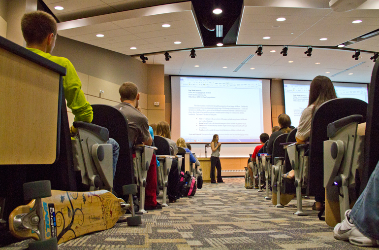 Heidi Morrison teaching class in Centennial Hall auditorium.