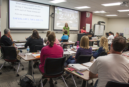 Associate Professor Jennifer Kosiak lecturing in the new Collaborative Learning Center.