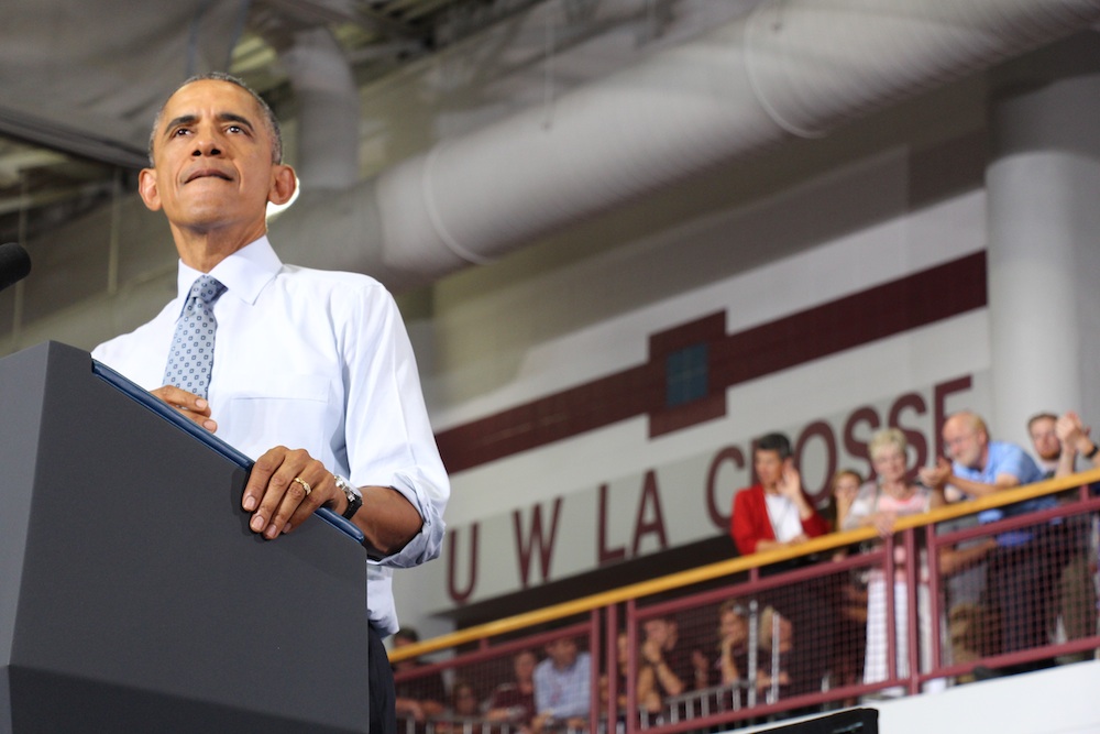 President Barack Obama spoke to a crowd of about 2,400 people at UWL's Recreational Eagle Center Thursday, July 2.