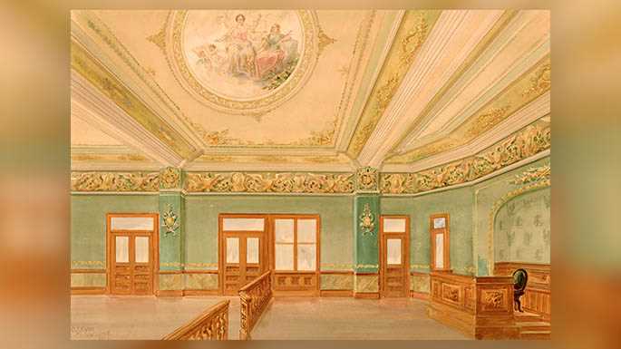 La Crosse County Courthouse interior courtroom design. This painting has artistic merit, but is also useful in showing how Oyen’s firm would propose design ideas to an architect and client. Many design elements in this painting, including the large mural on the ceiling and the eagle stenciling, were incorporated into the courtroom. Other details in the painting, such as the stenciling behind the judge’s bench and the use of the county’s initials in a “crest,” were modified or left out. Other design elements like the use of columns behind the judge’s bench were not in the design painting, but were a part of the courtroom construction. 
Read more &rarr;
