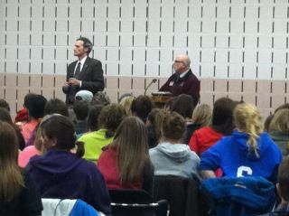 Chancellor Joe Gow and Residence Life Director Nick Nicklaus talk with Drake residents