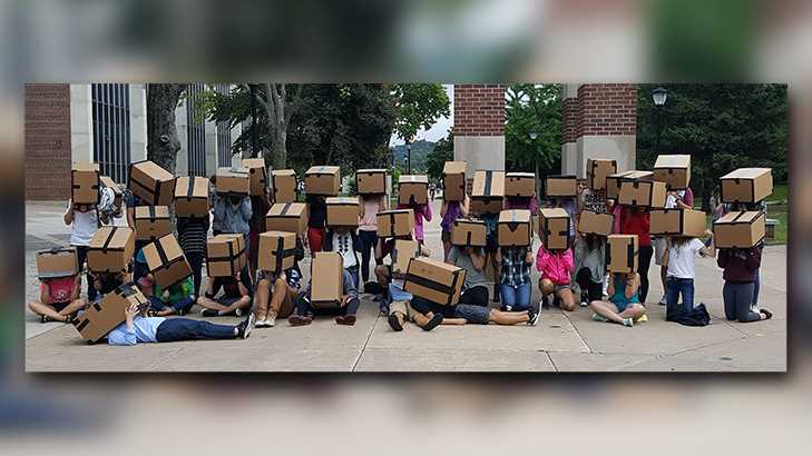 With boxes on their heads, UWL students learn a unique way to create photographs. Photo provided by Linda Levinson.
Read more →

