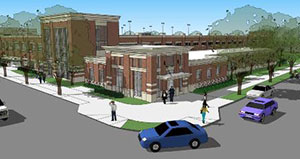 Architecture drawing of parking ramp and police building. 
