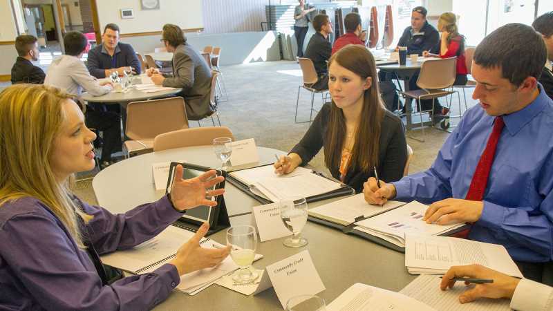 During spring semester, students in a UW-La Crosse Labor Economics course assisted community clients with labor market research. Here UWL students Shaun Fleischhacker and Marissa Eckrote, both right, meet with client, Sarah Fecht, vice president of human resources at Community Credit Union, for a round table discussion. 
Read more &rarr;

