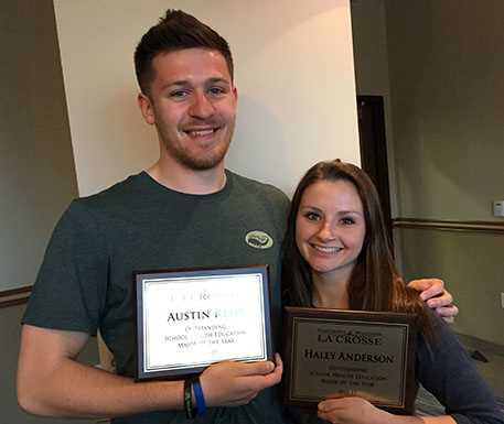 Austin Reed, left, and Haley Anderson, are co-recipients of the 2016-17 Outstanding School Health Major of the Year Award in the UWL College of Science and Health. 
Read more →
