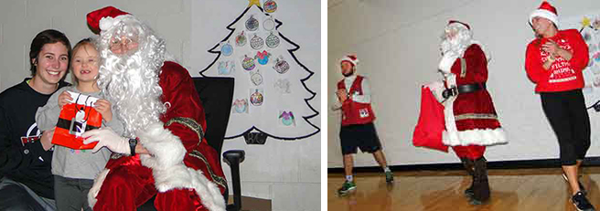 Santa with UW-L student and child. Santa and students dancing. 