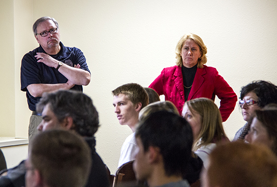 Police Chief Scott Rohde and Paula Knudson, assistant chancellor and dean of students, pictured at Thursday's open forum.
