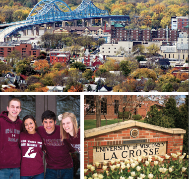 Image of the Mississippi River bridge in La Crosse, a UW-La Crosse entrance sign, and four students in UW-L T-shirts.