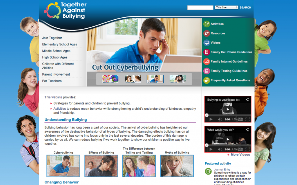 Screen shot image of Together Against Bullying website homepage.
