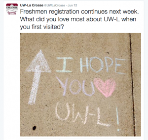 The Admissions Office chalked little messages across campus for incoming freshman and their parents.
