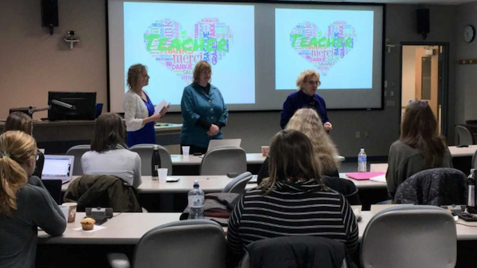 During a Curriculum Writing Day April 14, three experts in the field of world language education shared best practices in language teaching. From left are, Carol Hartmann, Teri Kruschke Alfonso and Helena Curtain.
Read more →
