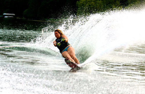 WaterSki2 UW-L student Samantha Verhagen, club president, slaloming.