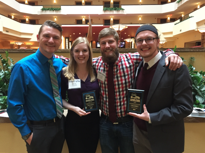 UWL students pose with their awards presented at the 2017 Wisconsin Broadcaster’s Association Student Awards for Excellence. From left, James Rau, Tessa Tilot, Brigham Weyrauch and Colin Malliet.
Read more →
