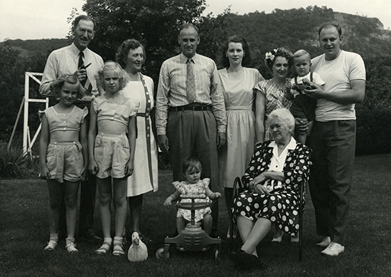 Front row, left to right: Lois Wittich and Rita Wittich-Stout, both grand daughters of Walter J. Wittich; Carol Wittich-Bowman (in stroller), granddaughter of Walter J. (sister, Christine Wittich-Raymer, was not yet born); Grandma "Oma" Meyer, mother-in-law of Walter J. Back row, left to right: Walter J. Wittich; Freida Meyer-Wittich, wife of Walter J.; George H. Wittich, younger of two sons of Walter J.; George's wife, Pauline Churchill-Wittich, daughter-in-law to Walter J.; Florence Evanson-Wittich, wife of Walter A. Wittich, daughter-in-law of Walter J. Wittich; Walter A. Wittich, oldest son of Walter J.--holding his son, Walter "Wally" Wittich, grand-son of Walter J. (sister, Wendy Wittich-Hayler, was not yet born).