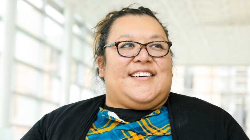 Andi Cloud, ’06 & ’12, is an artist and storyteller from the Ho-Chunk Nation. She recently served as Madison Public Library’s inaugural Storyteller in Residence. Photo by Ruthie Hauge, The Capital Times