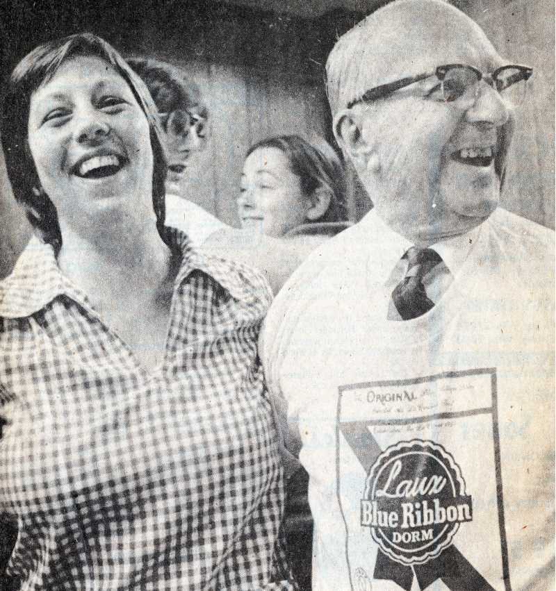 The original Laux: This image, in the La Crosse Tribune Sept. 30, 1976, shows William Laux with Jackie Krsko, a senior from Milwaukee. Krsko and another Laux Hall resident, Mary Hudalla, invited Laux to visit because they 
