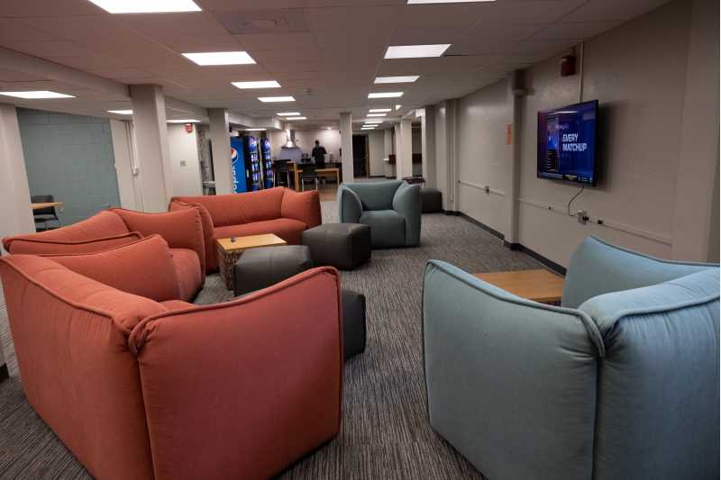 New amenities: Updated furniture makes Laux Hall more comfortable for students. New furniture is free-standing and not attached to walls, unlike the original furnishings in the ’60s buildings.