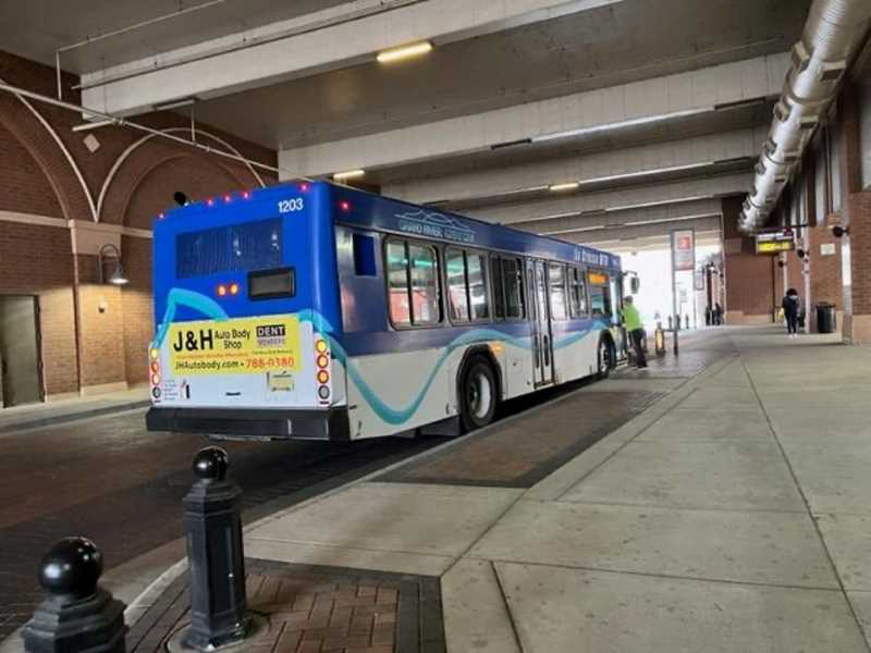 A La Crosse MTU bus makes a stop downtown at Grand River Station.  PHOTO CREDIT: Susan Gaeddert