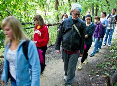 Biology Professor Tom Volk leads mycology students through the Hixon Forest to find mushrooms of all shapes and sizes.