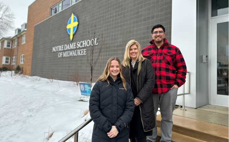 From left to right: Lexi Burgos, School of Education Dean Marcie Wycoff-Horn and Marcos Cecenas at the Notre Dame School of Milwaukee. Through an innovative partnership, UWL teacher candidates can student teach at the school with minimal concerns about work and housing.