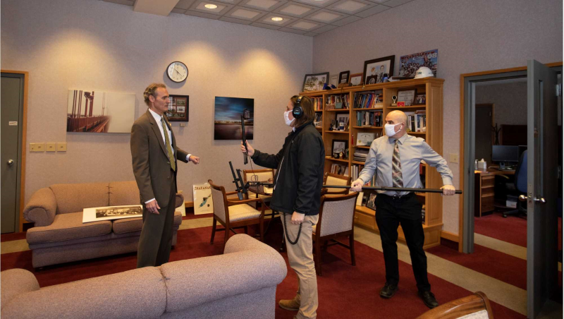 Chancellor Joe Gow used a new format to give his Opening Remarks to campus Friday, Jan. 29, giving viewers a tour of Graff Main Hall and checking in with UWL's five vice chancellors.