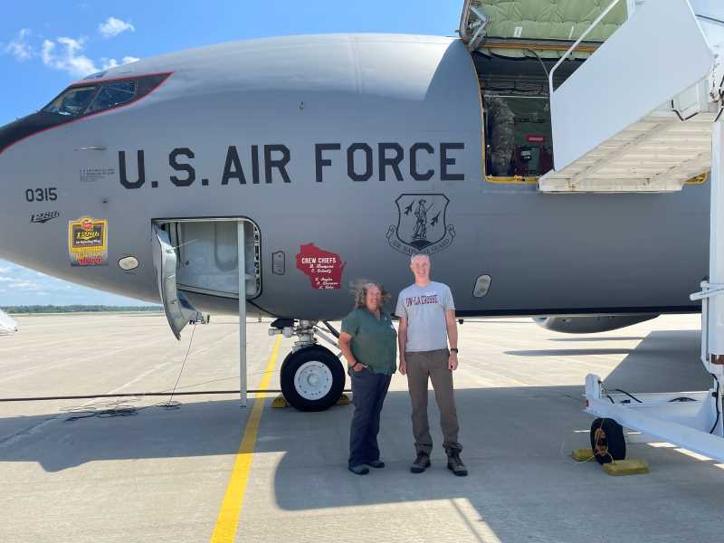 Laurie Harmon and Colin Belby participate in an Educators Flight with the Air National Guard.