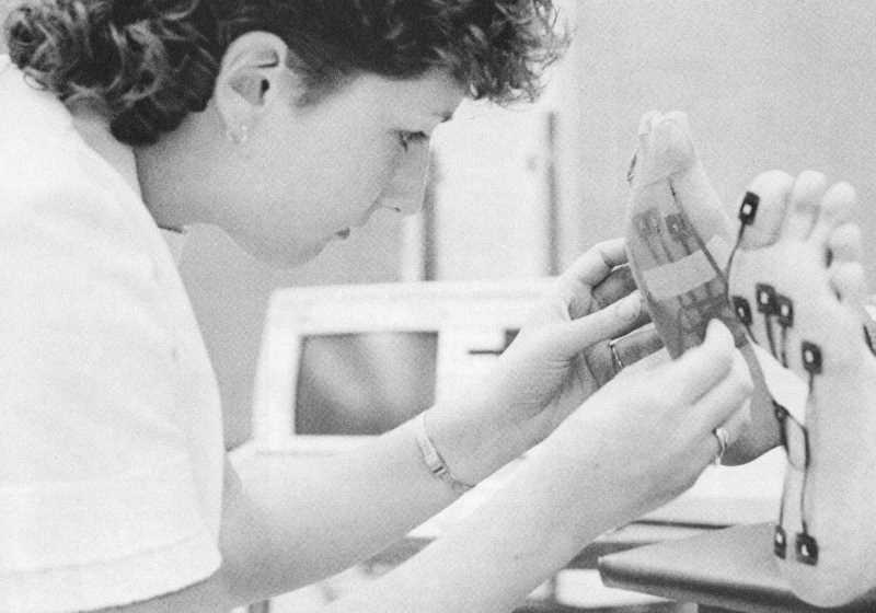 In the spring 1985 Alumnus magazine, Kim Marshall, a UWL junior and physical therapy student is pictured mounting electrodynogram (EDG) sensors on the soles of a subject's feet. At the time, these sensors were cutting-edge and an example of the long-term donor investment in the program's research and equipment that has helped it thrive. 