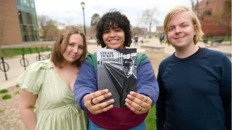 Students find working on “Steam Ticket” valuable for a variety of reasons. Editors for the spring 2022 issue included, from left, Madison Vaillant, Alexia Walz and Noah Gassman.