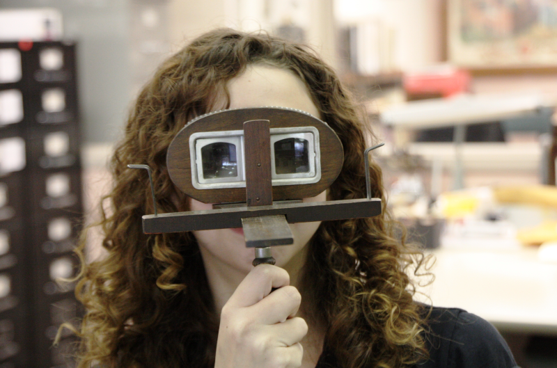 A stereoscope is used to view stereoviews, images that were traded  in the late 1800s and early 1900s, much like today’s Pokémon cards. Photo courtesy of Teri Holford, Murphy Library.