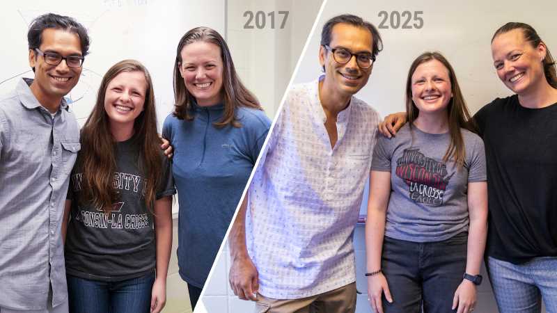 Kelly O’Connor, center, is pictured with her UWL mathematics mentors Tushar Das, left, and Whitney George. In the 2017 photo at left, O’Connor is a math student at UWL; in the 2025 photo, she visits campus as she prepares to return this fall as a faculty member in the Mathematics Department.