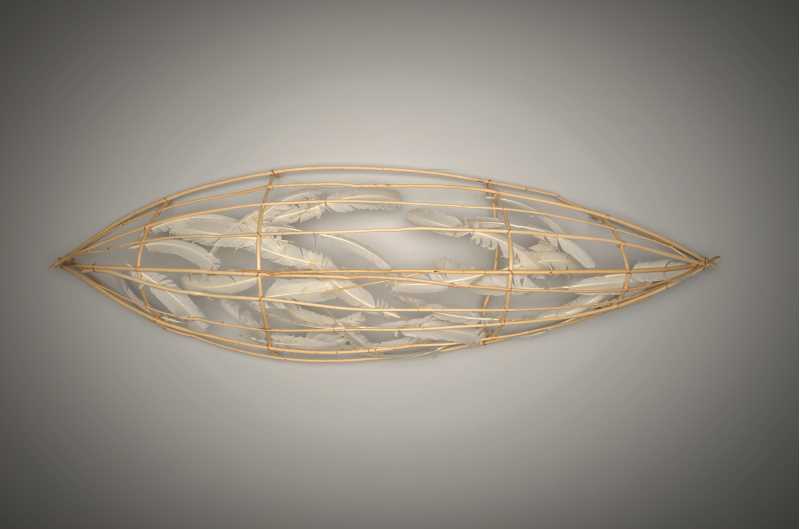 Truman Lowe (Hoocąk, 1944–2019), Feather Canoe, ca. 1993. Peeled willow saplings, feathers, copper wire, 22 x 74 x 12 in. National Museum of the American Indian 27/607 National Museum of the American Indian