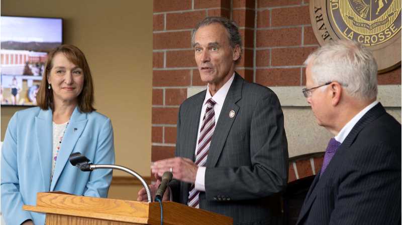 UW-La Crosse Chancellor Joe Gow discusses the Tuition Promise program during a news conference Tuesday, Aug. 16. Tuition Promise is a new UW System initiative starting in fall 2023 to ensure underserved Wisconsin students can afford a college education.