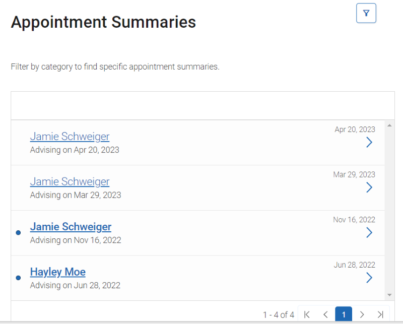 Select the appointment summary you would like to view