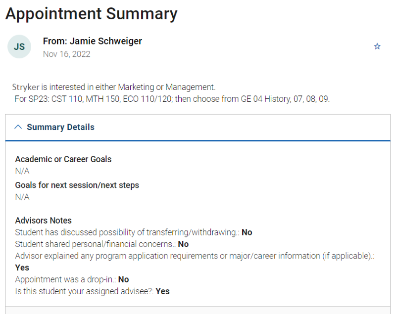 Example appointment summary