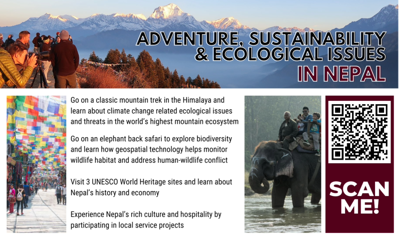 Poster and QR code for Dr. Niti Mishra's May 2024 Study Abroad in Nepal Opportunity